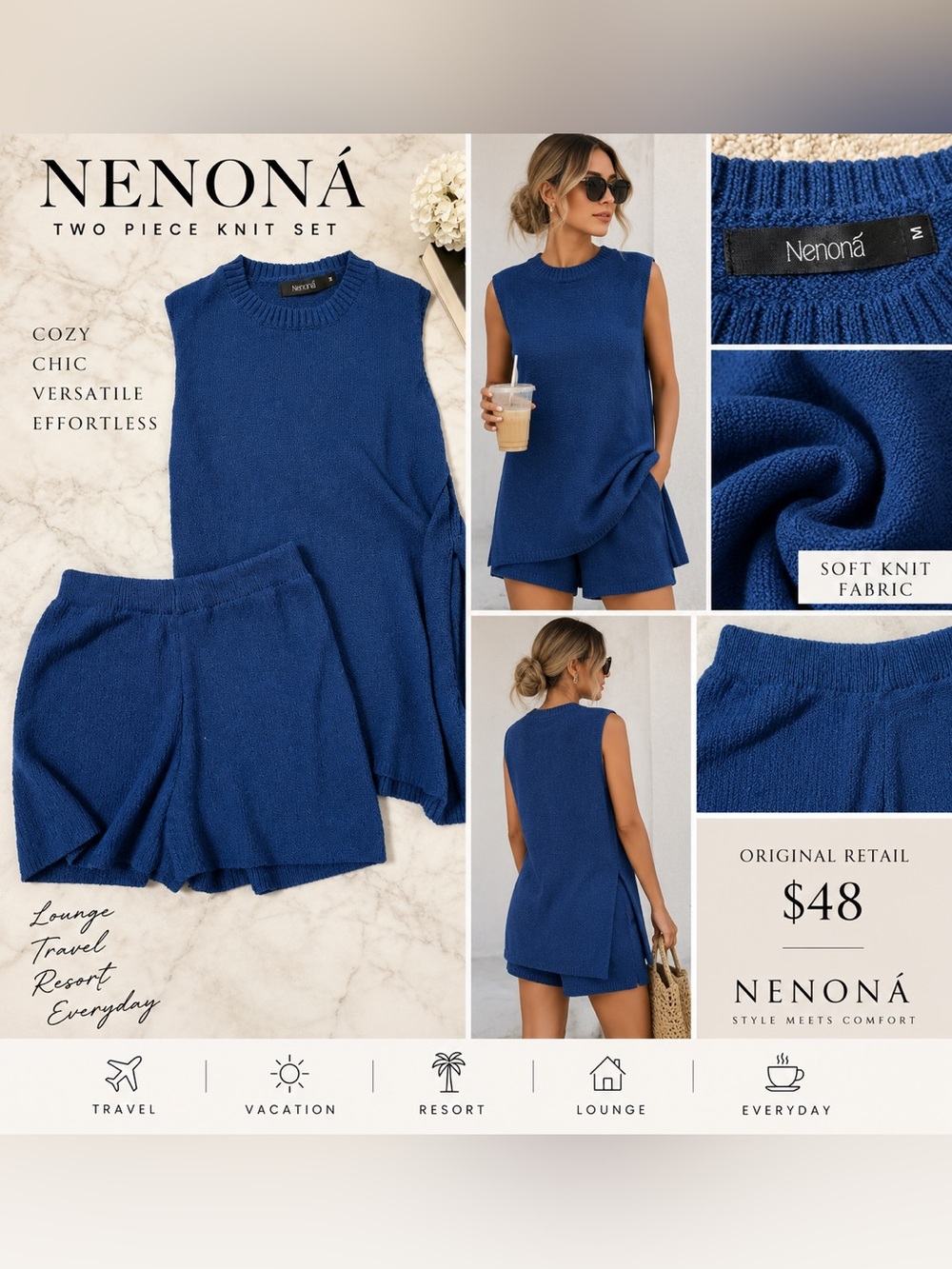 NENONA Blue Sleeveless Knit Tunic & Shorts 2 Piece Lounge Set Size M